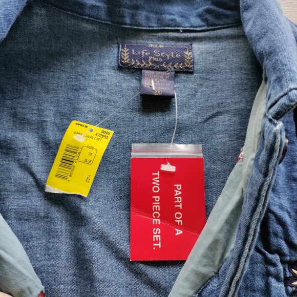 Vintage Life Style Plus Woman's Cotton Floral Embroidered Button Front Shirt - Picture 5 of 9